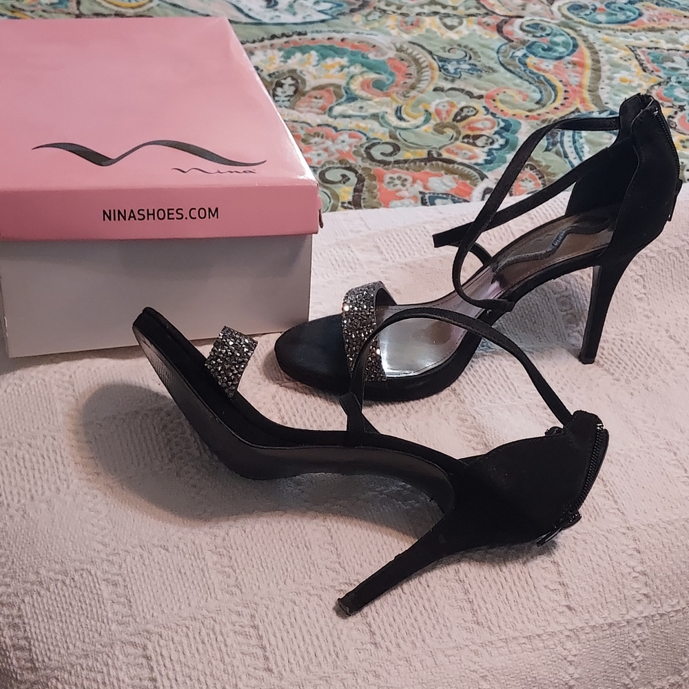 Nina Elegant Black Heels with Glittering Straps